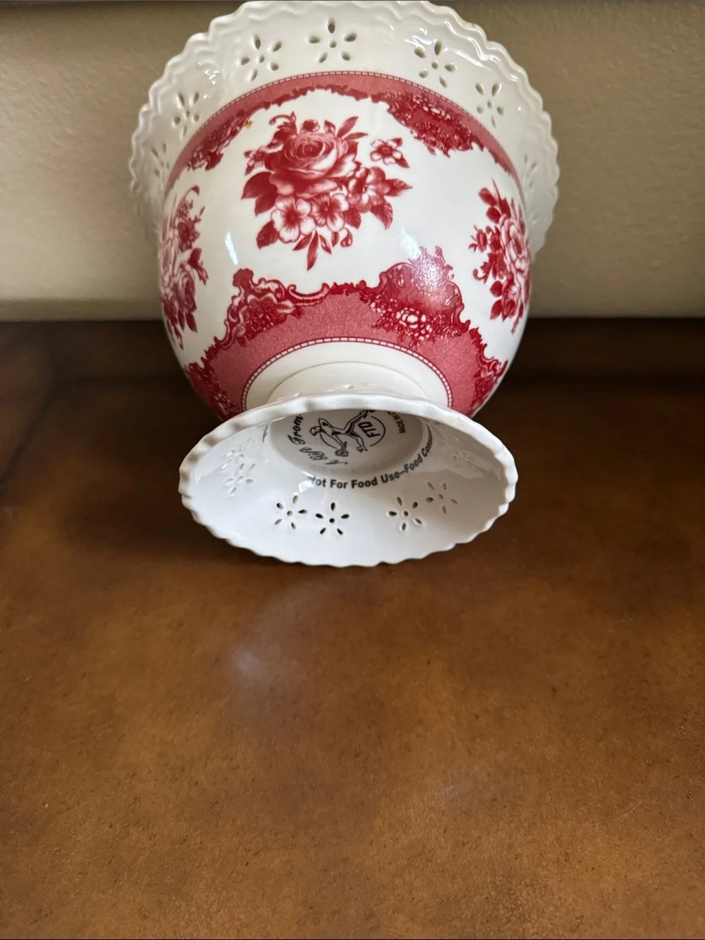 Vintage White Ceramic Pedestal Vase Planter Compote with Red Floral Pattern